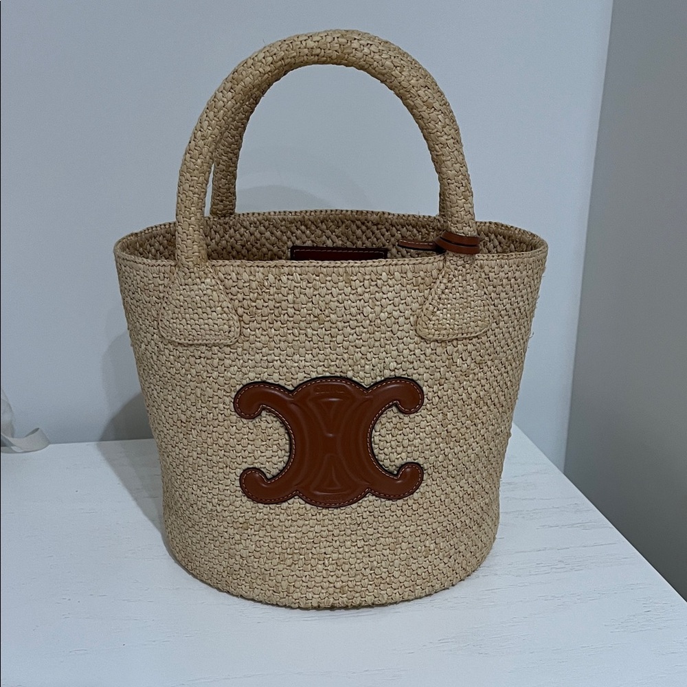Celine Beige Woven Tote with Brown Logo Accent